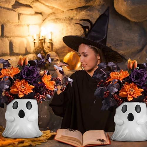 2 Pcs White Ghost Bucket Decor 6 Inch Halloween Ghost Planter Vase Decor