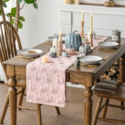 Artoid Mode Pink Soft Faux Fur Pumpkins Fall Table Runner 13x72 Inch