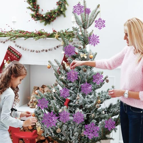 36pcs Christmas Light Purple Snowflake Ornaments，Plastic Light Purple Snow Flakes Hanging Ornaments for Christmas Tree Decor Winter Wonderland Frozen Birthday Party Holiday Home Decor Craft Snowflake