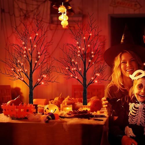 Halloween Decorations Indoor 2 Pack 24 Inch Black Halloween Tree with 48 Orange Red Led Lights, Timer/USB/Battery Operated Lighted Tabletop Spooky Tree for Halloween Table Decor Home Office Party