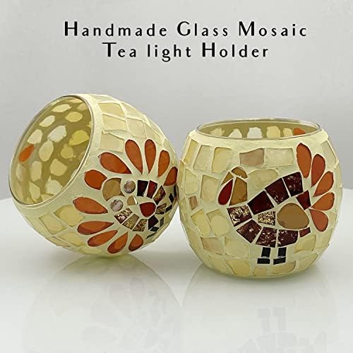 SHMILMH Thanksgiving Votive Candle Holder Set of 4, Mosaic Glass Tealight Holders with Turkey for Fall Table Centerpiece Fireplace Party Decorations