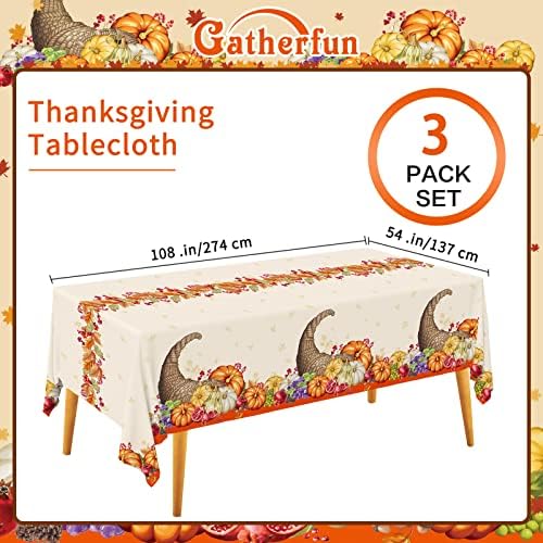 Fall Pumpkin Harvest Party Supply Plentiful Cornucopia Design plastic tablecloth for Thanksgiving Autumn Party Decorations 54 X 108Inch 3 Pack