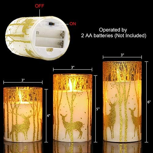 GenSwin Glass Flameless Candles with Elk Decor and Remote Timers, Battery Operated Moving Wick Led Flickering Light, Set of 3 Real Wax Pillar Candles for Christmas Home Decoration
