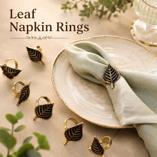 ALPHA Living HOME Set of 12 Napkin Rings for Farmhouse Decor Premium Metal Leaf Dinnerware Napkin Holders Thanksgiving, Christmas, and Easter Table Setting (Antique Gold)