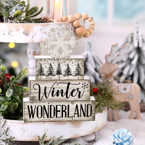 Lineshading 4 Pcs Winter Block Signs Wooden Farmhouse Tiered Tray Decor