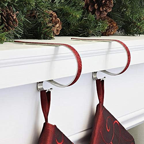 Haute Decor The Original MantleClip Stocking Holder - 2 Pack (Red Glitter) - Christmas Stocking Hanger Hook for Mantels up to 3 Inches Thick