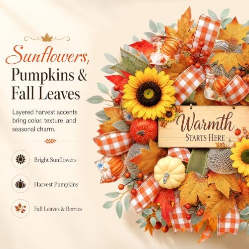 22 Inch Fall Wreaths for Front Door, Harvest Sunflower Wreath