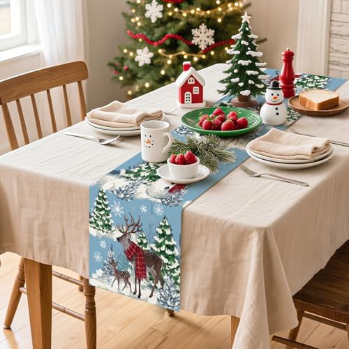 Artscope Reindeer Snowman Christmas Tree Table Runner, Xmas Winter Snowflakes Holiday Kitchen Dining Table Decoration for Christmas Home Party Decor 13x60 Inch-Light Blue
