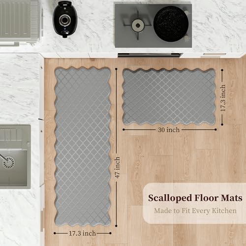 Arenarug Upgrade Scalloped Kitchen Mats for Floor 2PC, Gray Kitchen Rugs