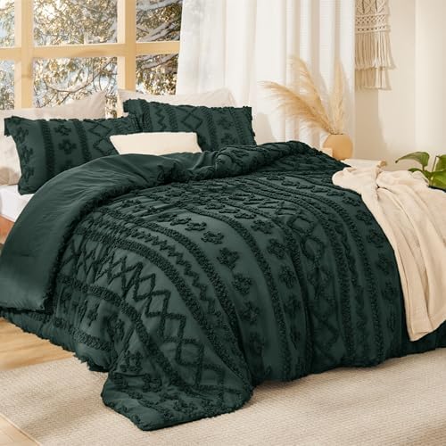 Bedsure Tufted Boho Comforter Set King Size - Dark Green Boho Bed Set, GentleSoft™ 3 Pieces Farmhouse-Style Embroidery