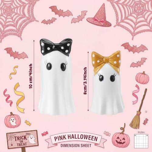 Set of 2 Halloween Ghost Figurines, White Ceramic Ghost Statue with Bowknot