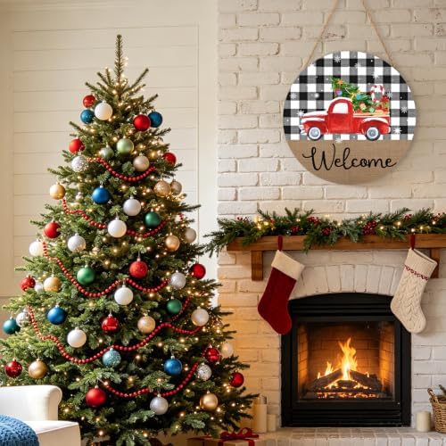 Christmas Welcome Front Door Sign for House Merry Christmas Holiday Decoration Hanging Sign Red Truck Xmas Round Wood Wreaths for Home Wall Porch Yard Garden Farmhouse Xtmas Day 12"x12"
