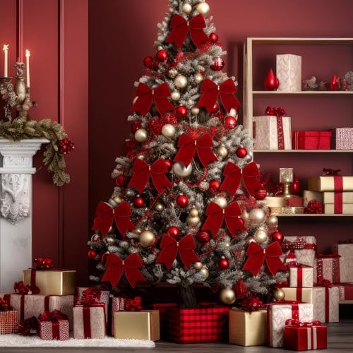 Janinka 12 Pcs 6 Inch Christmas Velvet Bows Decor Burgundy, Wine Red