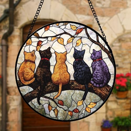 5 Cats on a Branch Stained Glass Window Hanging Suncatcher Gifts 12"