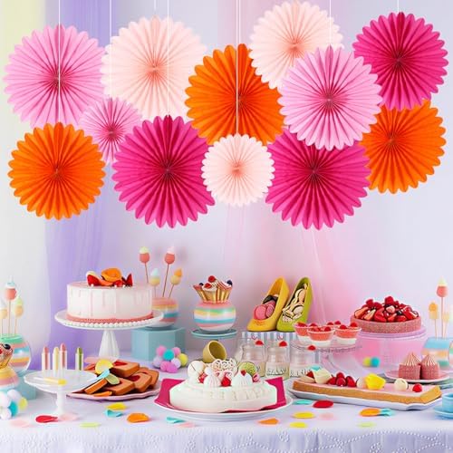 BestoFun 12PCS Paper Fans Orange and Hot Pink Party Decorations Tissue Paper Flowers Paper Fans Party Decorations for Girl Groovy Birthday Baby Shower Wedding Bachelorette Room Wall Hanging Décor