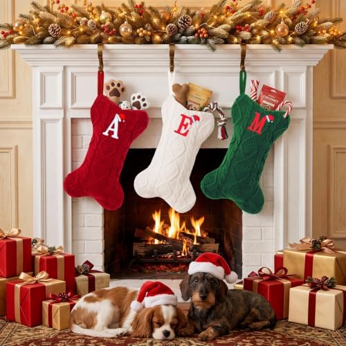 Christmas Stockings with Initials, Letter X Pet Cat Dog Name Bone Shape Knitted Xmas Stockings, Christmas Party Fireplace Family Hanging Stocking Decorations(1 Pack, White)