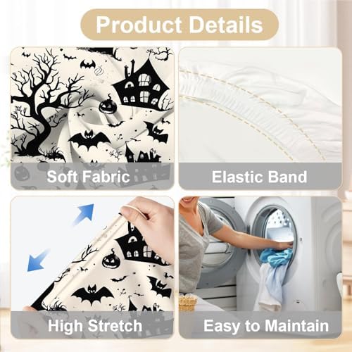 Halloween Chair Covers for Dining Room – Spooky Black and White Slipcovers with Haunted House, Bats, Pumpkins & Witches – Stretch Washable Chair Protectors for Party Decor, Trick or Treat