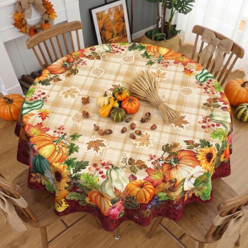 Fall Plaid Round Tablecloth 70 Inch, Stain Resistant Washable Fabric Autumn Harvest Pumpkin Table Cloth Round Fall Tablecloth Table Cover for Kitchen Dining Party