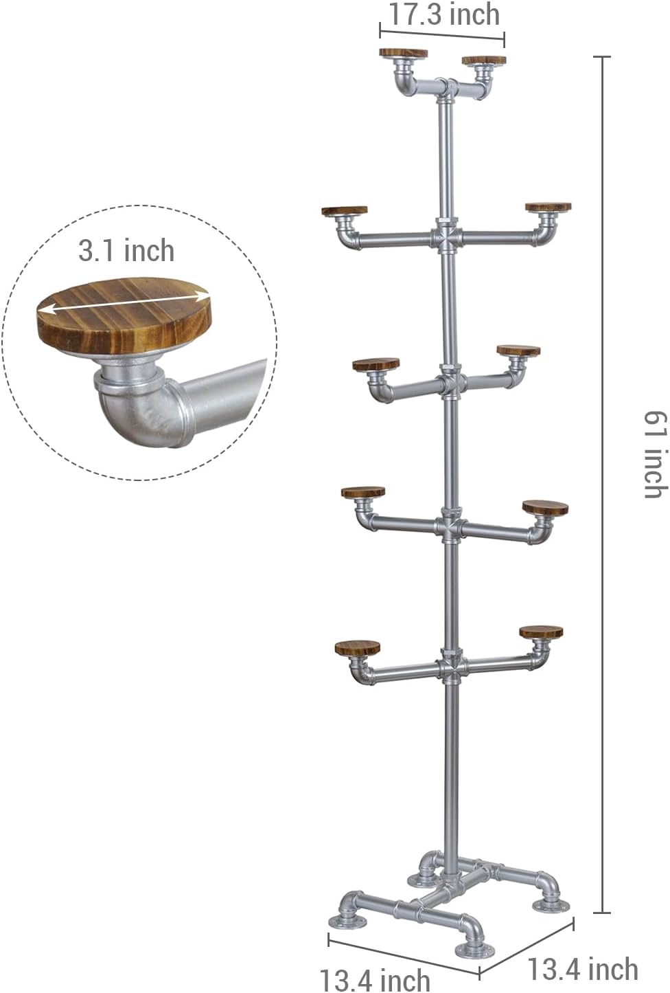 MyGift Cowboy Hat Rack Stand, 10 Wood Hangers, Silver Metal Tree | Ten rounded wooden pegs help preserve hat shape