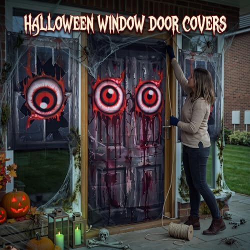 DoubleFill 3 Pcs Halloween Window Door Cover Set Bloody Eye Ball Curtain