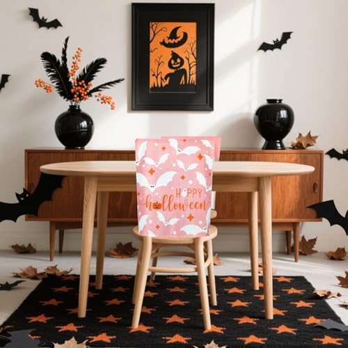 JarThenaAMCS 4 Pcs Halloween Chair Back Covers Pink Ghost Pumpkin Bat Dining Chair Slipcover Removable Seat Protector Cover for Home Kitchen Decorations
