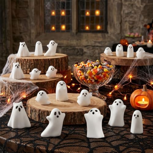 CCINEE 24 Pcs Halloween Mini Resin Ghost Figurines in 8 Styles, Matte Finish Spooky Whimsical Tabletop Decor for Halloween Party, Tiered Tray, Bowl Filler, and Seasonal Home Decoration