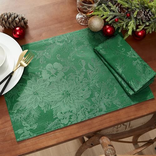 Poinsettia Elegance Jacquard Holiday Napkins, Set of 4, Green - 17" W x 17" L