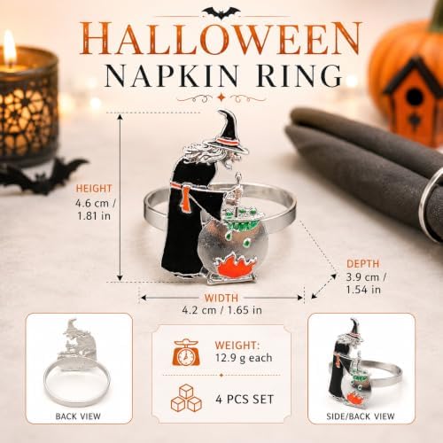 LUOZZY 4pcs Halloween Witch Napkin Rings Black Metal Holders for Party