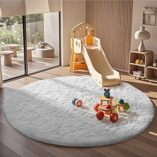 Ophanie Round Rug 6Ft White Circle Area Rug, Aesthetic Room Decor, Fluffy Fuzzy Bedroom Carpet, Plush Soft Shaggy