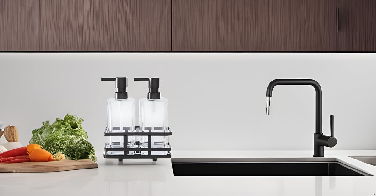 Square Glass Clear Lotion and Soap Pump Dispenser Set with Metal Stand Caddy for Bathroom Bath Kitchen Home Office
