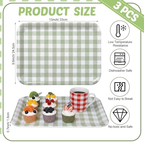 Vesici 3 Pcs Sage Green Gingham Serving Trays 13 x 10 Inch Melamine Platter