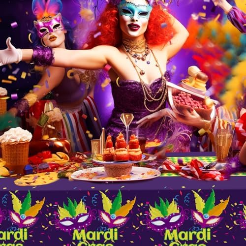 Childom Mardi Gras Decorations,3 Pack Disposable Plastic Tablecloths for Rectangle Table 54" x 108" Mardi Gras Tablecloths for Party Decor,Table Cloths for Birthday,Home,Dinner,Carnival,Party Supplies