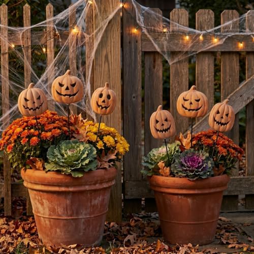 6Pcs Fall Decor Outdoor Halloween Terracotta Pumpkin Garden Stake