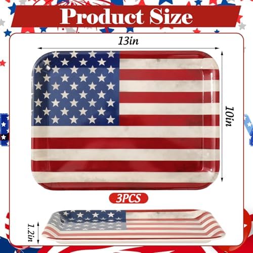 Whaline 3 Pcs Patriotic Serving Trays Vintage American Flag Melamine Platter Retro Stars Stripes Serving Dishes for 250th Anniversary 4th of July Independence Day BBQ Party Supplies, 10 x 13 Inch