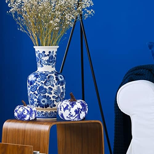 Winlyn 16 Pcs Assorted Small Faux Decorative Blue and White Fabric Pumpkins Foam Chinoiserie Chic Pumpkins for Farmhouse Fall Halloween Thanksgiving Bowl Centerpiece Table Mantel Home Decor Gifts