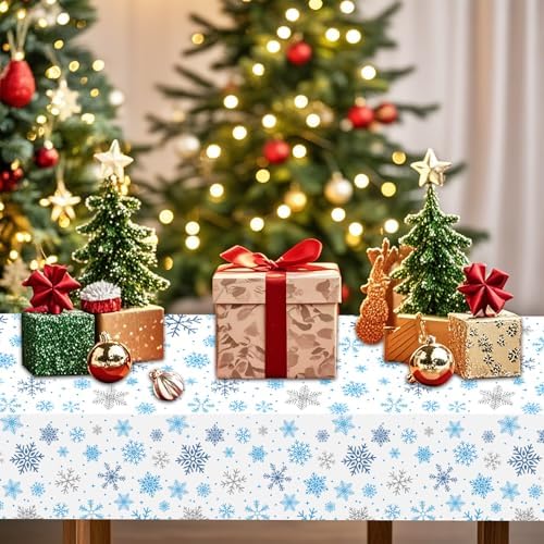 Gistome 3-Piece 54 x 108 Inch Snowflake Plastic Tablecloth – Blue and White Christmas Holiday Disposable Table Cover for Winter Parties, Xmas Dinners, and Indoor Outdoor Decorations