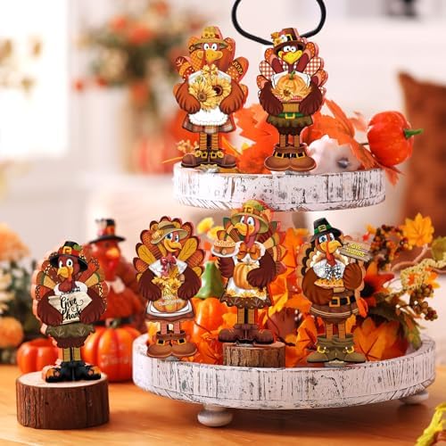 DoubleFill 6 Pcs Thanksgiving Turkey Decorations Wooden Turkey Table Centerpieces Fall Tiered Tray Decor Thanksgiving Standing Wooden Block Signs for Home Kitchen Tabletop Shelf Autumn Harvest Party