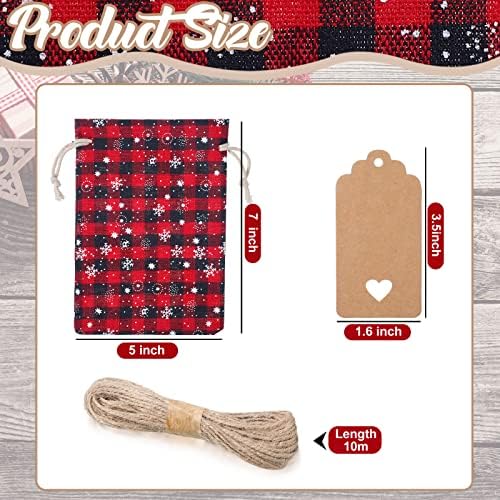 Shappy 24 Pcs Christmas Drawstring Gift Bags Xmas Buffalo Plaid Burlap Advent Bags 7 x 5 Inches Linen Treat Candy Bag with 32.8 ft Rope 24 Card(Black Red Snowflake)