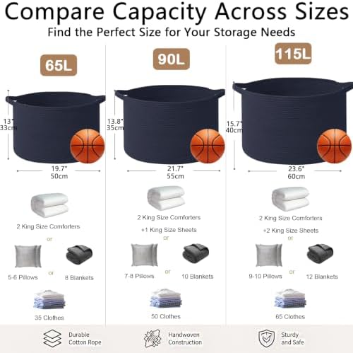 115L Extra Large Woven Cotton Rope Laundry Basket-Navy Blue