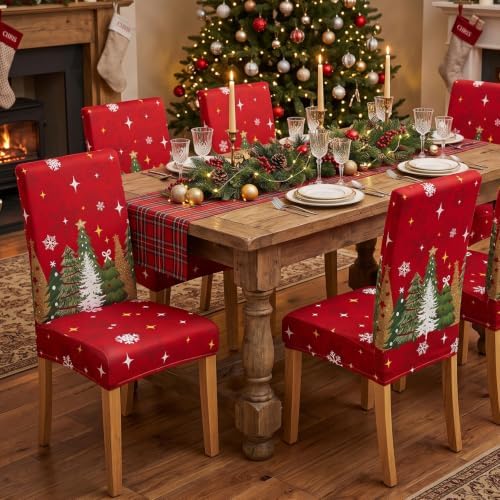 Christmas Chair Covers Set of 6,Xmas Tree Dining Chair Slipcovers,Elastic Removable Washable Dining Parsons Chair Protectors,Christmas Decor for Home Red