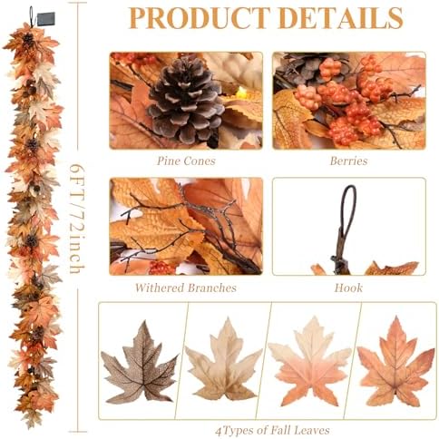 6 FT Lighted Fall Garland with Lights Autumn Automatic ON/Off Timer