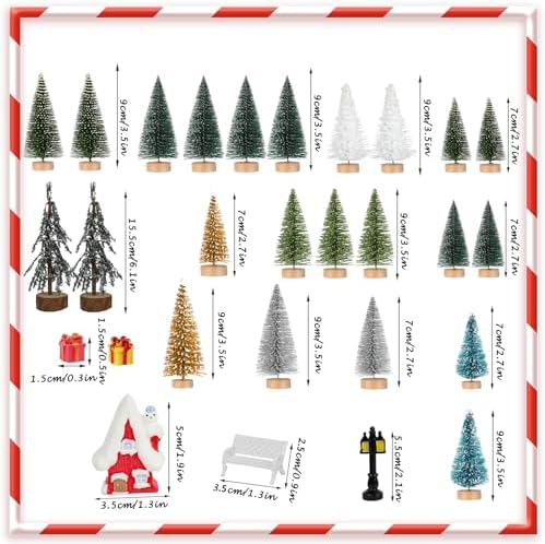 ONESING 31 Pcs Christmas Village Set With Bottle Brush Trees - Miniature Accessories for Home Indoor Winter Holiday Decorations