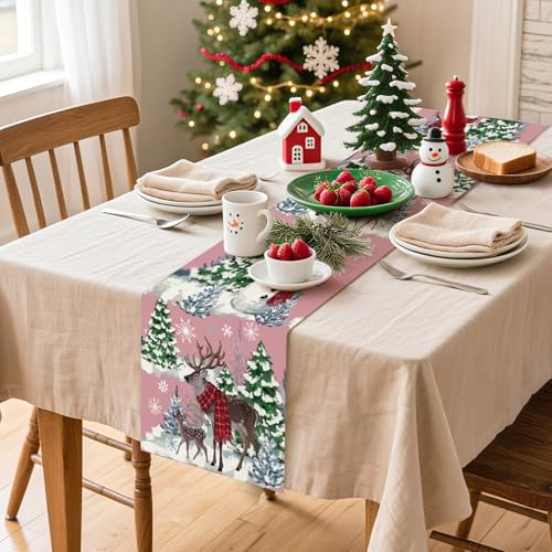 Artscope Reindeer Snowman Christmas Tree Table Runner, Xmas Winter Snowflakes Holiday Kitchen Dining Table Decoration for Christmas Home Party Decor 13x72 Inch-Pink