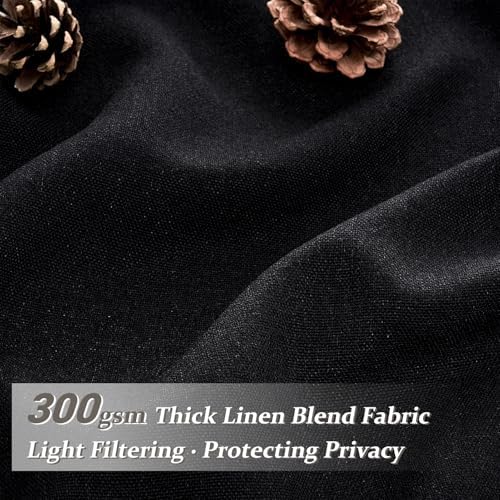 Pinch Pleated Black Sheer 96 Inch Curtains for Bedroom, Neutral Thick Linen Blend Pleat Light Filtering Sliding Door