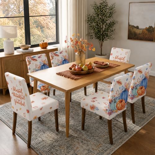 Fall Chair Covers Set of 6 Pumpkin Dining Chair Seat Cover Stretch Removable Autumn Chair Slipcover Protector for Thanksgiving Dining Room Kitchen Home Decor