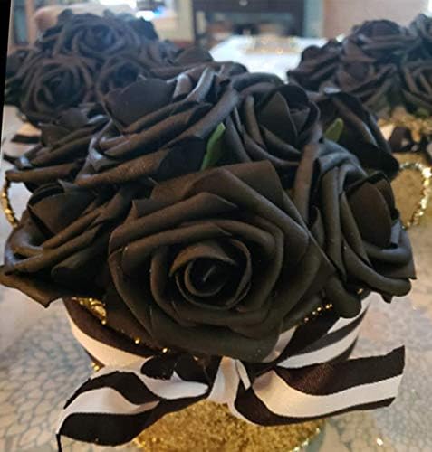 Higfra Artificial Flowers 25pcs Real Looking Black Foam Fake Roses with Stems for DIY Wedding Bouquets White Bridal Shower Centerpieces Arrangements Mothers Day Party Tables Decorations
