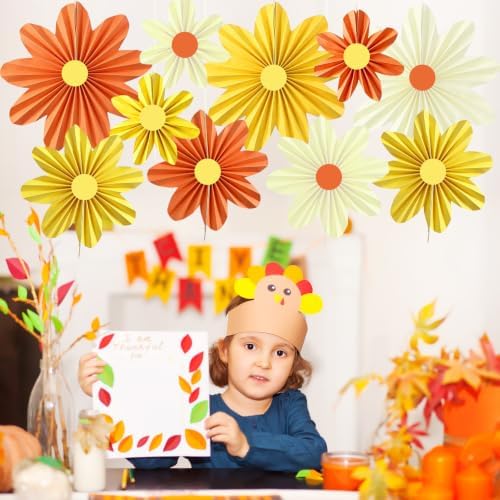 Orange Yellow Paper Flower Decorations Hanging Paper Fans 10Pcs