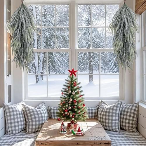 2 Pcs Artificial Christmas Snow Teardrop Swag, 28" Faux Glitter Snow Flocked Norfolk Pine Teardrop Door Swag, White Frosted Pine Wreath Staircase Swags for Xmas Door Mantle Fireplace Decor