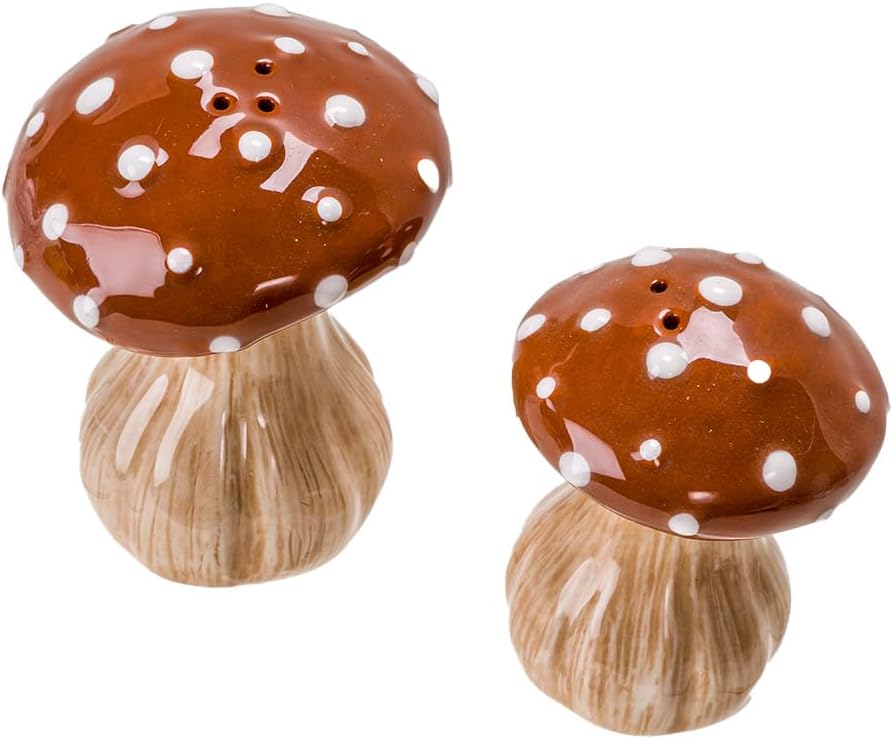 Ceramic Autumn Harvest Mushroom Salt and Pepper Shakers Set Hand-Painted Fall-Themed / Brown