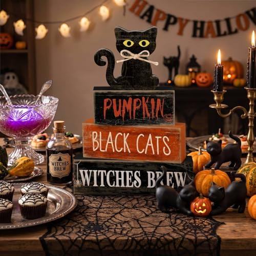 Lineshading 4 Pcs Halloween Table Decor for Home, Wooden Black Cat Sign Set